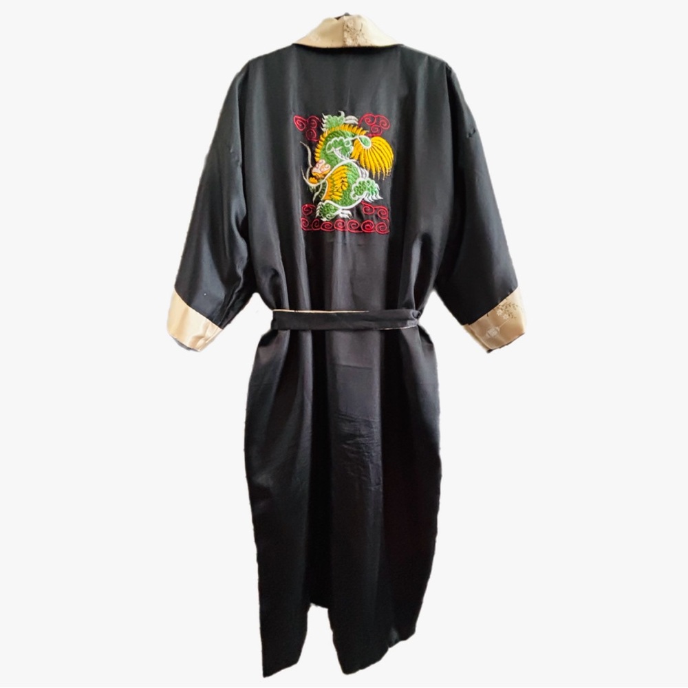 Vintage Kimono Robe Dragon Embroidery Satin Reversible Black Champagne Pockets